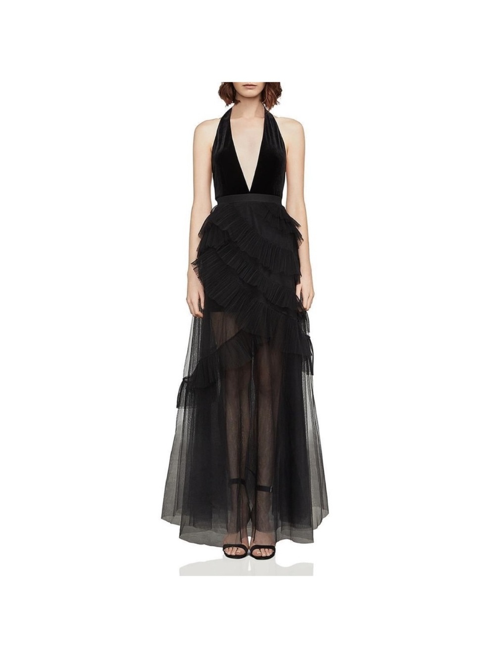 BCBGMaxAzria Black Halter Deep V Ruffle Tulle Maxi Dress